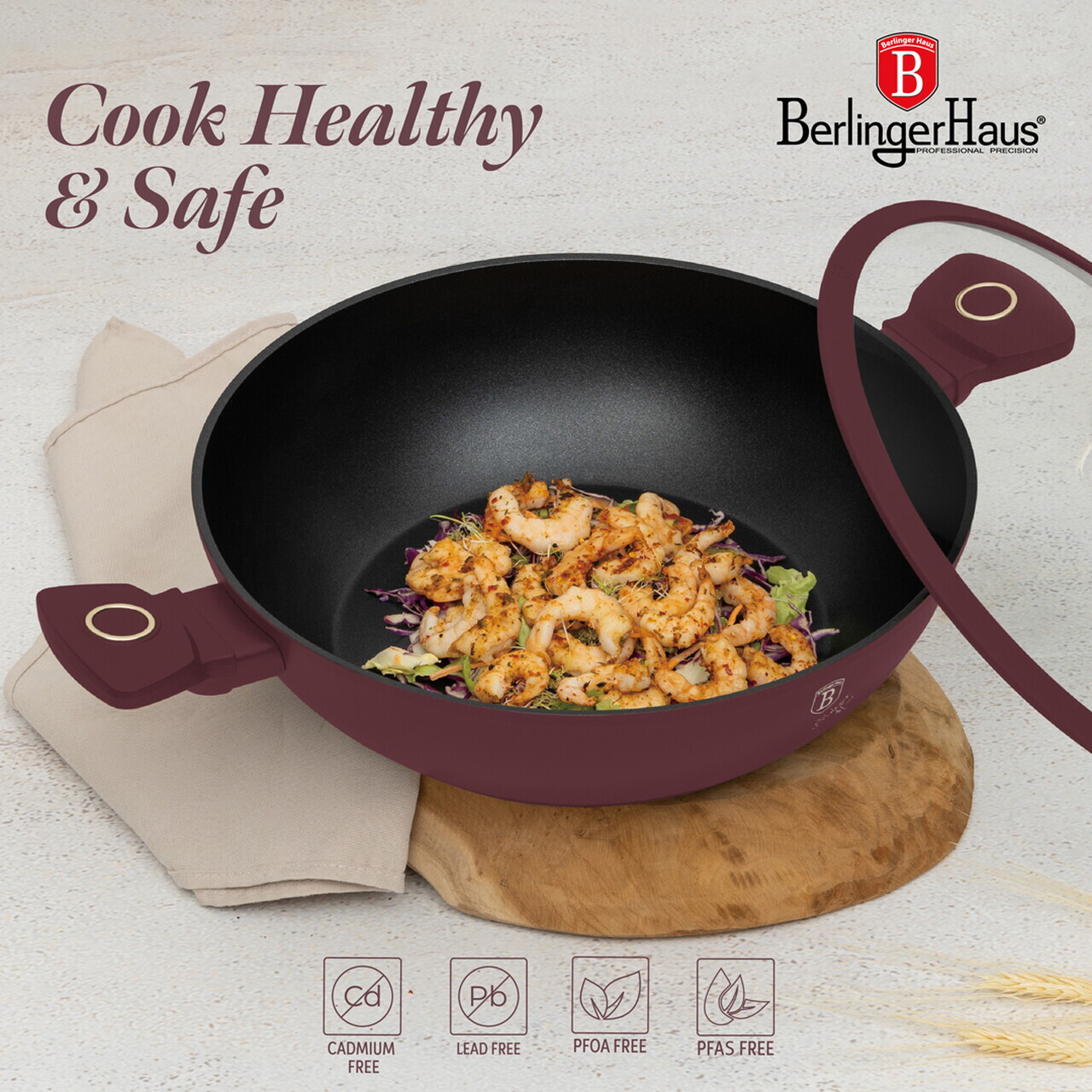 Tigaie Wok cu capac Berlinger Haus, Leonardo, 30 cm, aluminiu forjat, visiniu mat - imagine 8