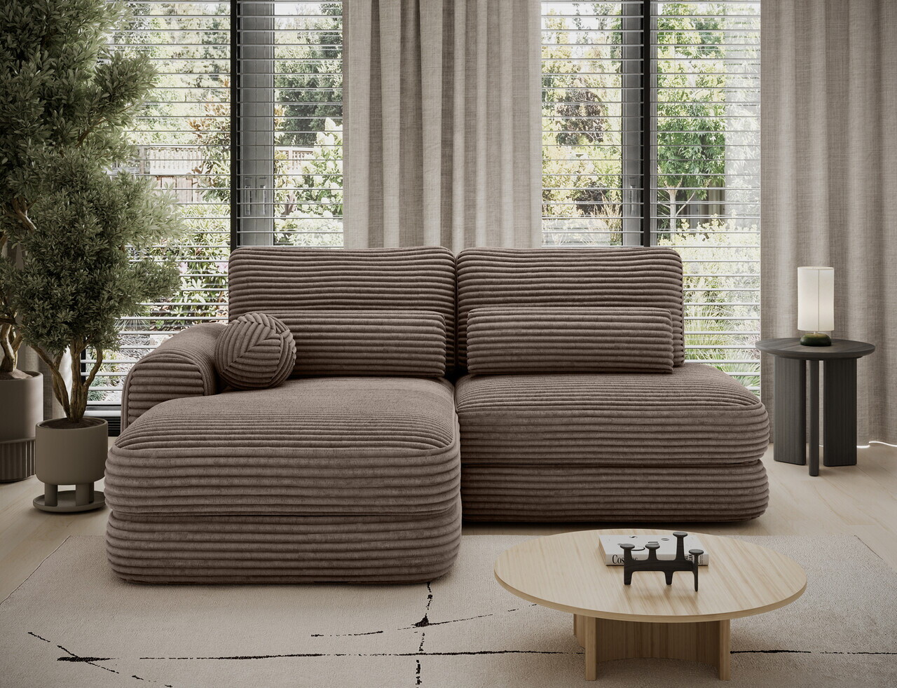 Coltar extensibil stanga 3 locuri ELTAP, Ripeli, 217x175x96 cm, lemn/catifea din poliester, maro deschis — imaginea 3