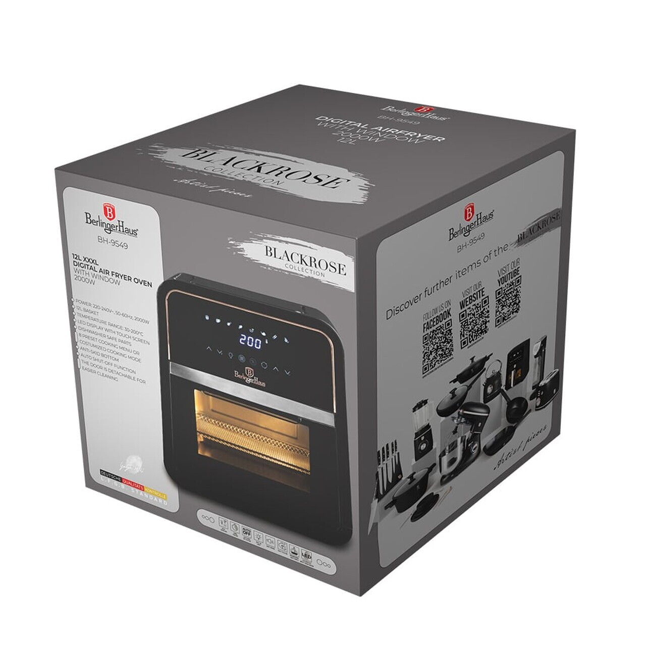 Cuptor cu friteuza cu aer cald Berlinger Haus, Black Rose, 2000W, 12 L, negru - imagine 8