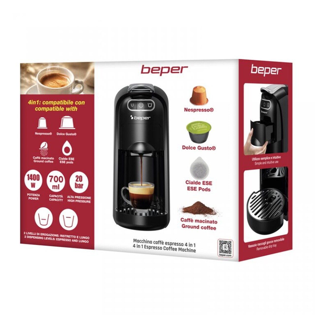 Espressor 4 in 1 Amata, Beper, 1400W, 29x12x26 cm, negru — imaginea 7