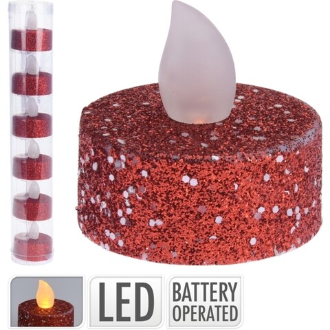 Set 6 lumanari cu LED Glitter, 3.8x4 cm, rosu