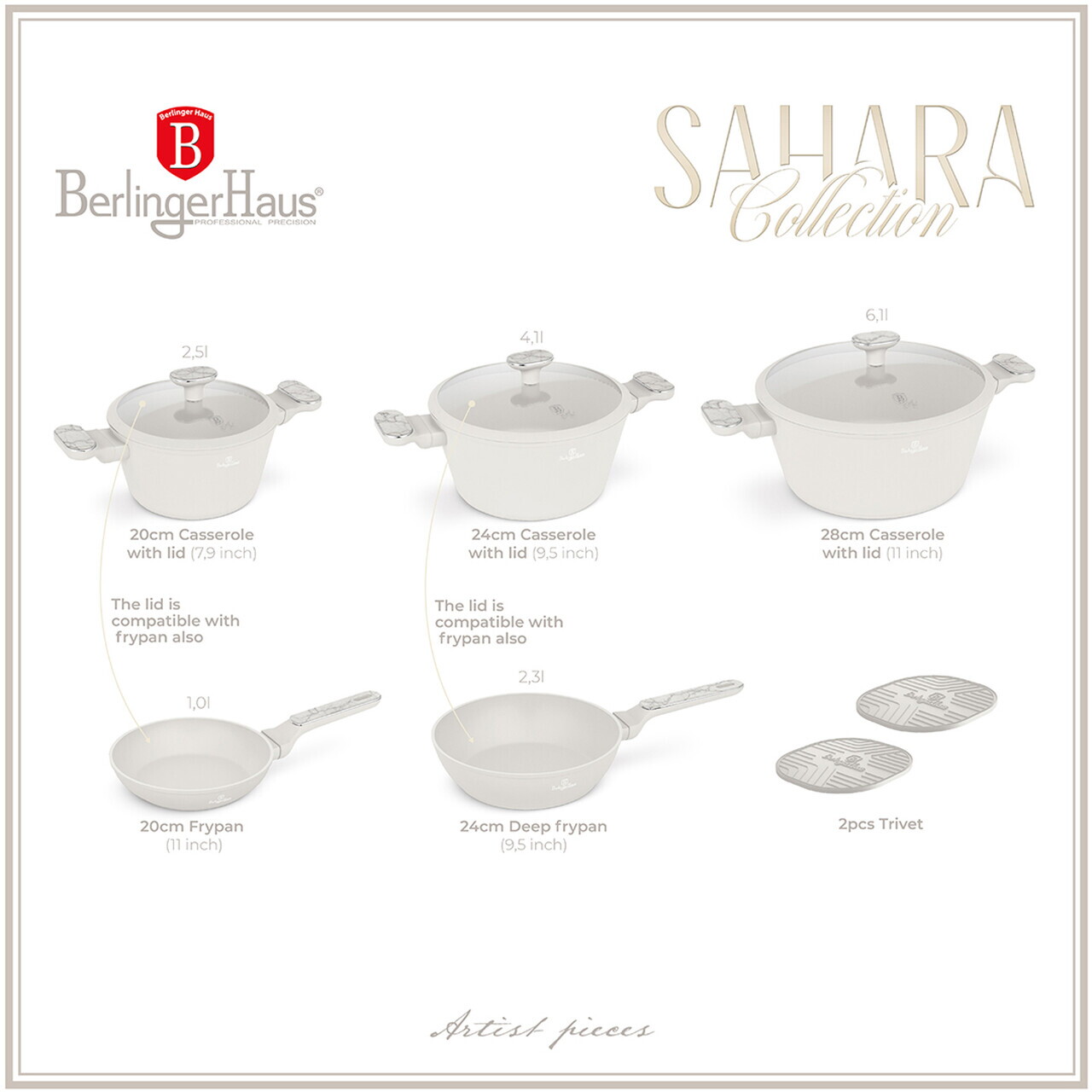 Set pentru gatit Berlinger Haus, Sahara Marble, 10 piese, aluminiu forjat, crem mat/marmura - imagine 11