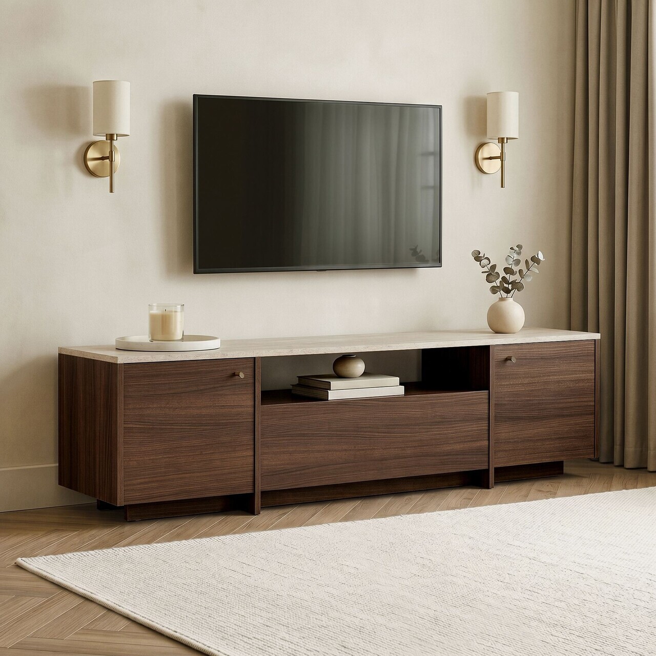 Comoda TV, Nordure, Alvar, 180x46x35 cm, Travertin / Nuc Milano