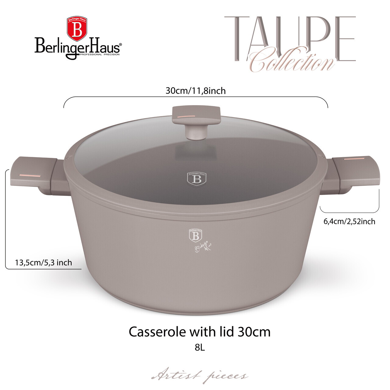 Oala cu capac Berlinger Haus, Taupe, 30 cm, 8 L, aluminiu forjat, taupe mat - imagine 8