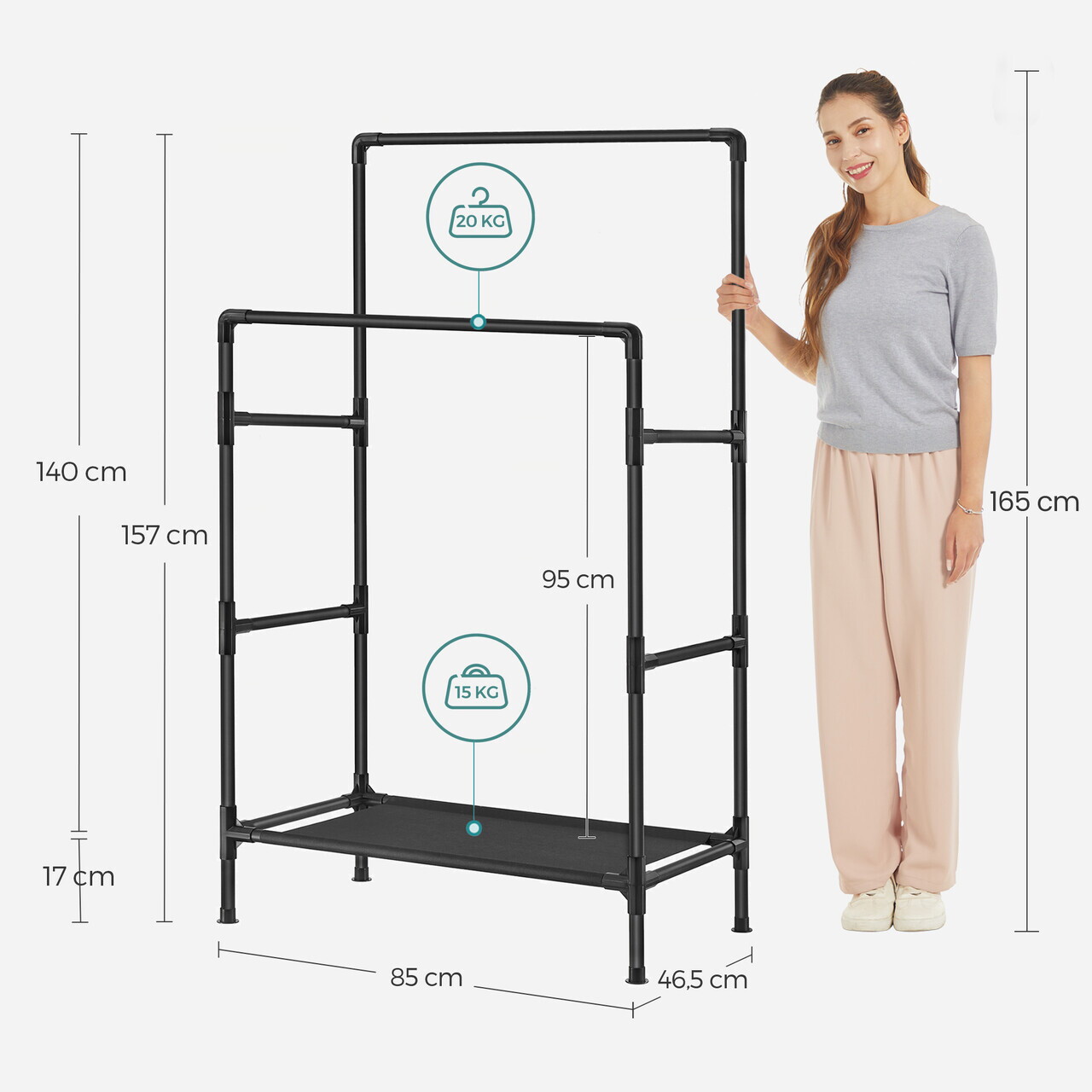 Suport dublu pentru umerase, Songmics, cu 2 bare si raft, 83x45x157 cm, otel, negru - imagine 3