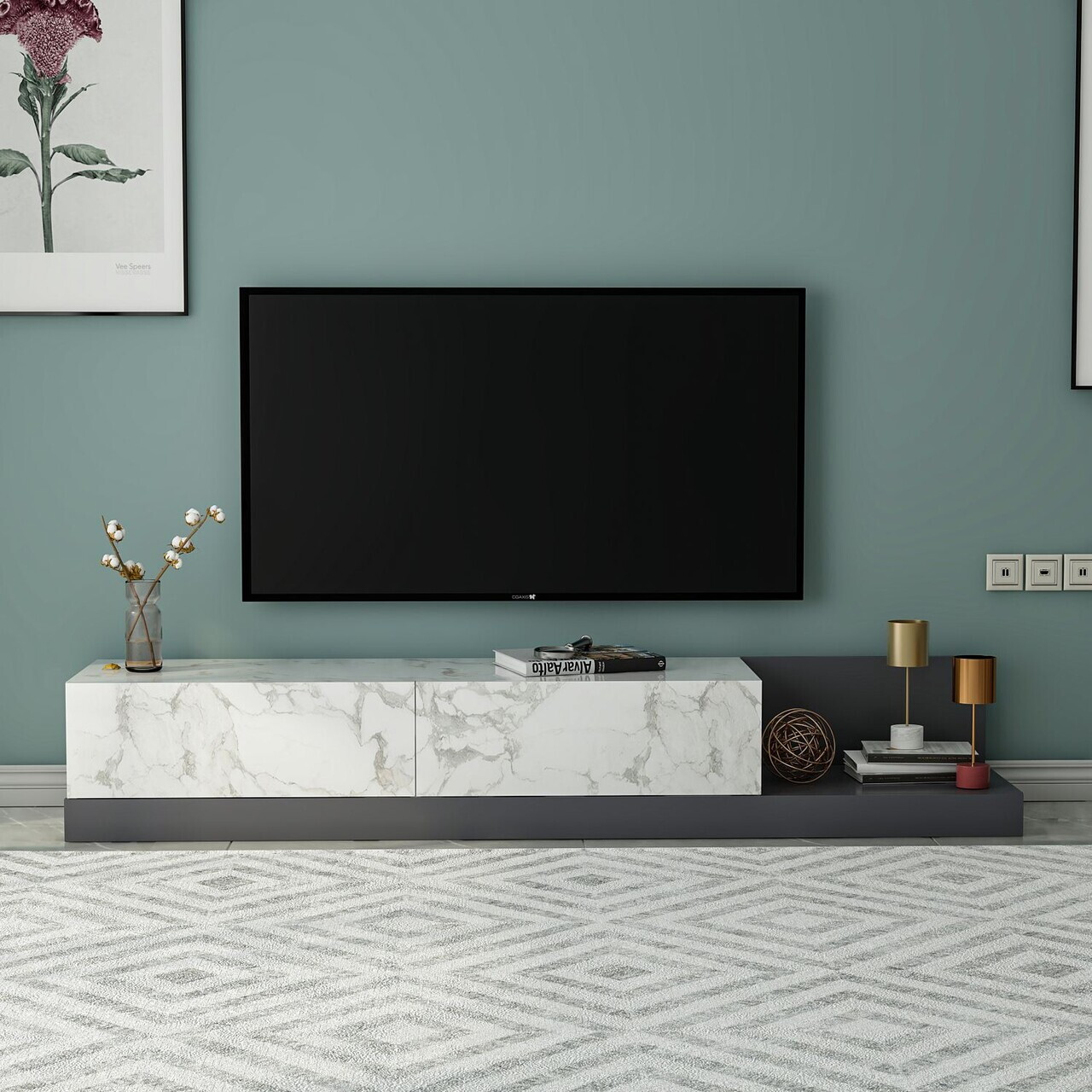 Comoda TV, Hanah Home, Major, 180x30x37 cm, PAL, Marmură Marmo / Antracit — imaginea 2
