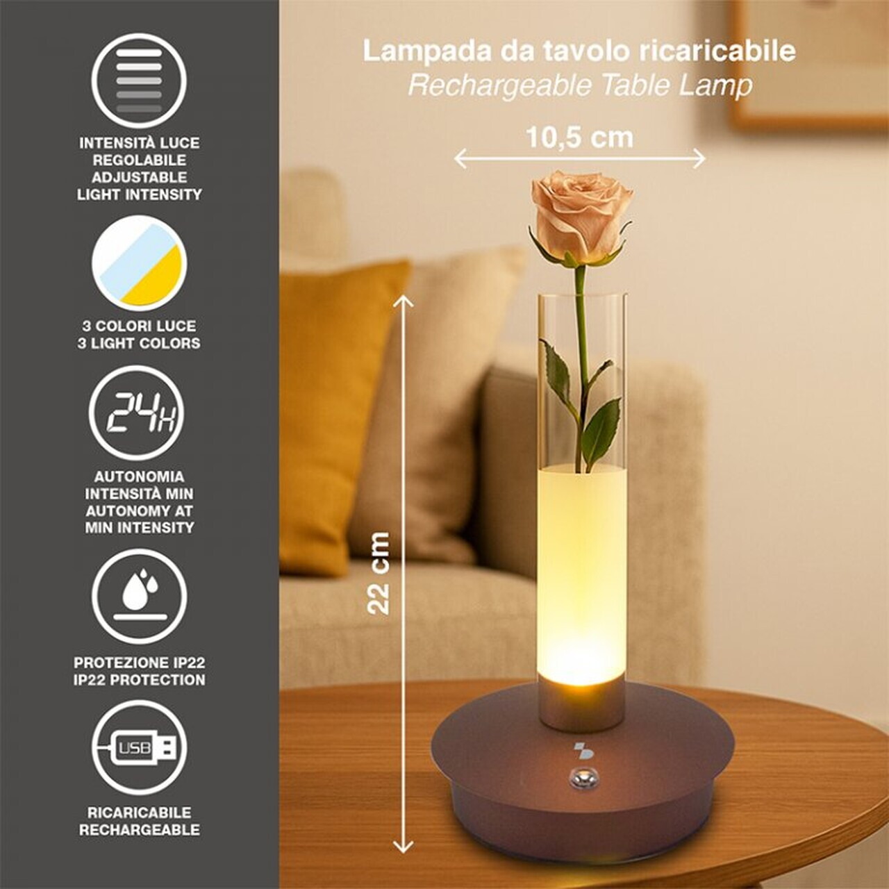 Lampa de masa reincarcabila Flora, Beper, 10.5x22 cm, metal/plastic, maro/transparent — imaginea 6