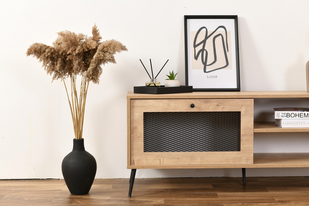 Comoda TV, Wolina, Wire 180, 180x55x41 cm, 100% PLANCĂ DE PARTICULAȚI VOLTATE, Stejar - 2 | YEO
