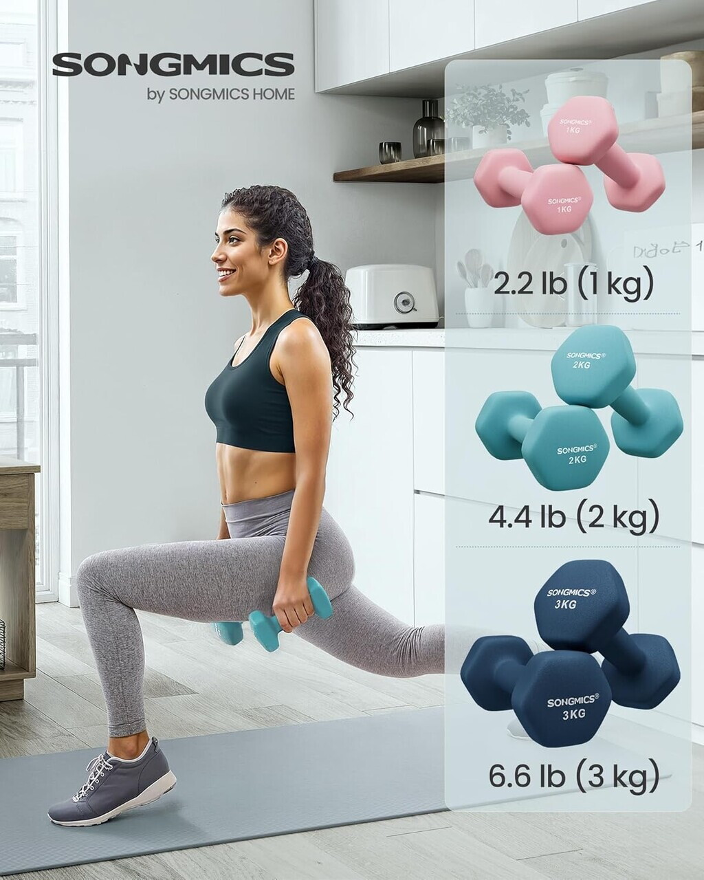 Set gantere fitness 6 piese cu suport, 2 x 1 kg + 2 x 2 kg + 2 x 3 kg, Songmics, neopren, roz/aqua/albastru - imagine 10