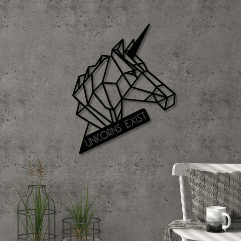 Decoratiune de perete, unicorn, metal, dimensiune: 40 x 40 cm, negru