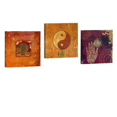 Set 3 tablouri decorative, AHM001, Piele ecologica, Lemn, Portocaliu / Violet / Crem