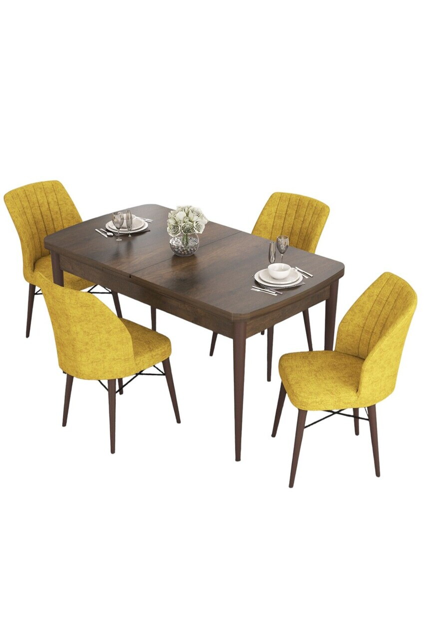 Set masa extensibila si scaune (5 piese), Hanah Home, Eva, Model baroc din lemn / Muștar — imaginea 2