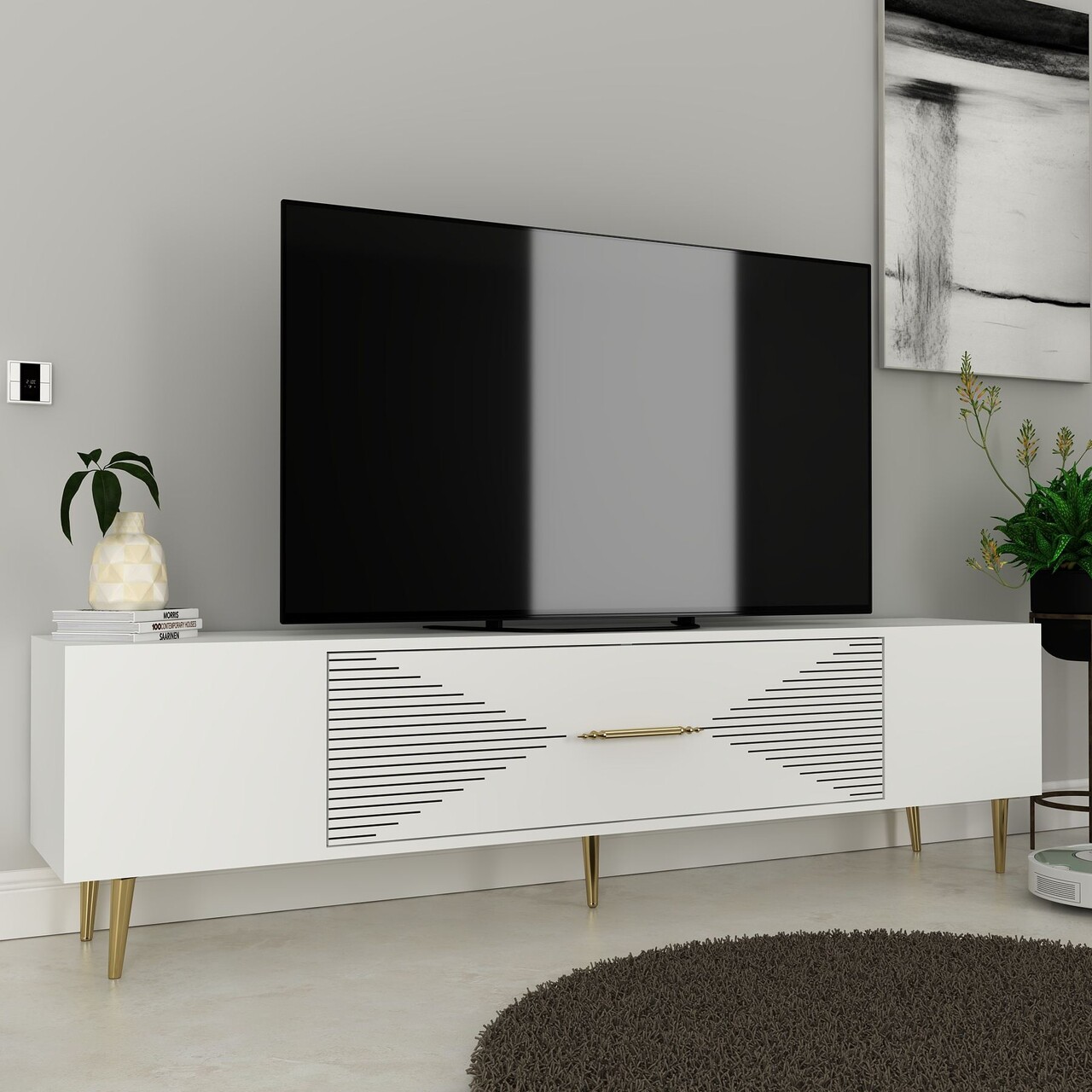 Comoda TV, Olivia, Dekol1, Alb/Auriu - 1 | YEO