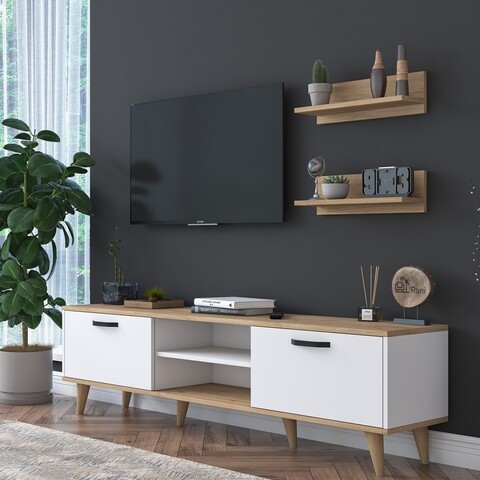 Comoda TV cu 2 rafturi, Wren, M48 – 1043, pal melaminat, alb/nuc mezoni.ro