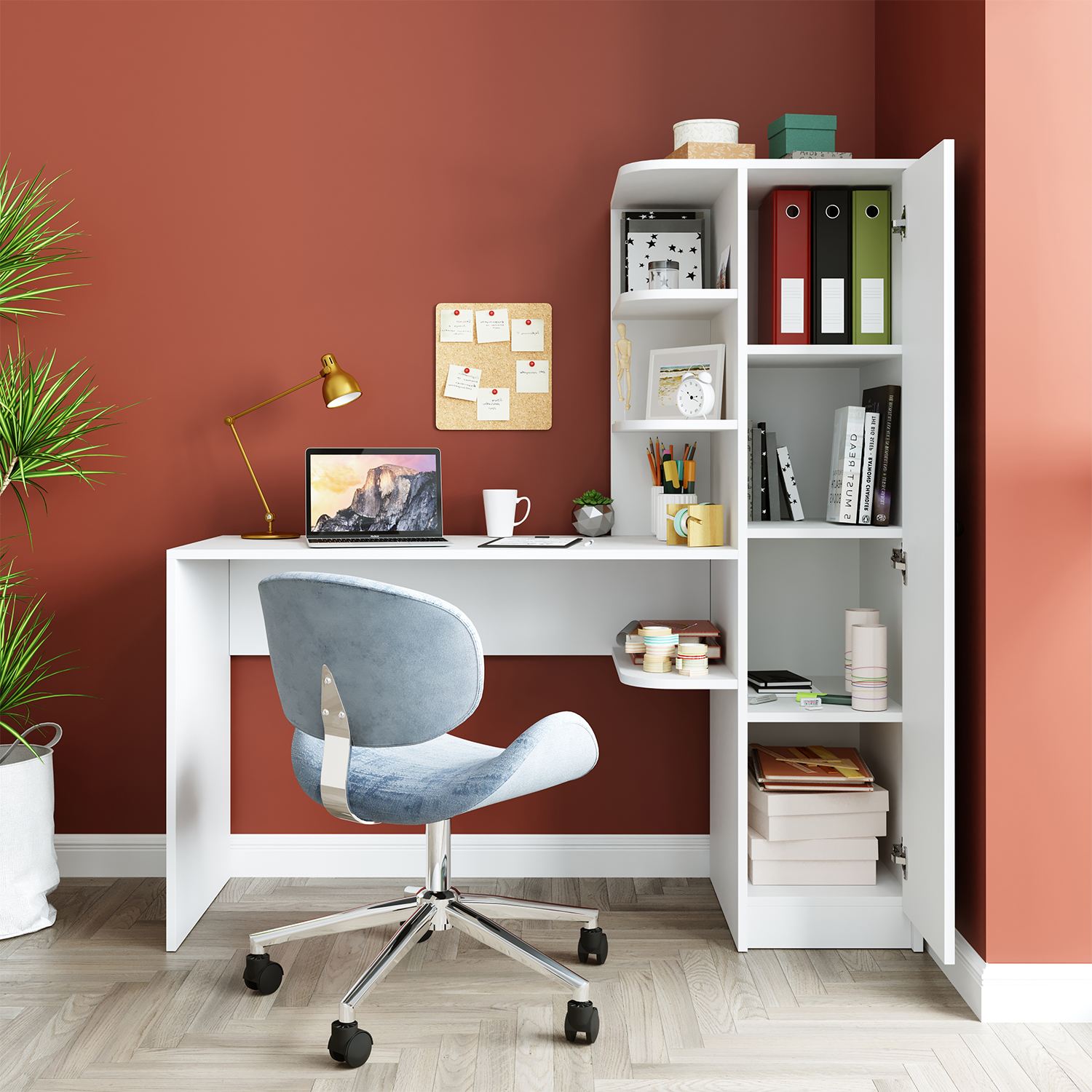 Set birou si biblioteca, Hanah Home, 2128, 143.2x143.2x50 cm, PAL MELAMINAT, Alb