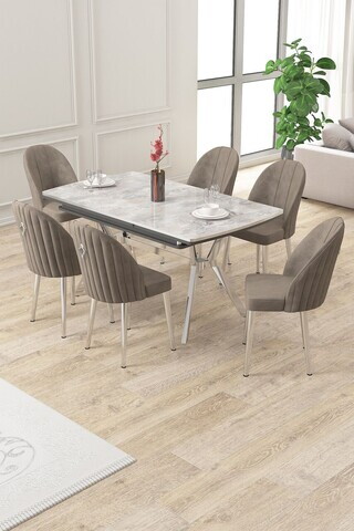 Set masa extensibila si scaune (7 piese), Hanah Home, Sim, Gri / Crom / Cappuccino