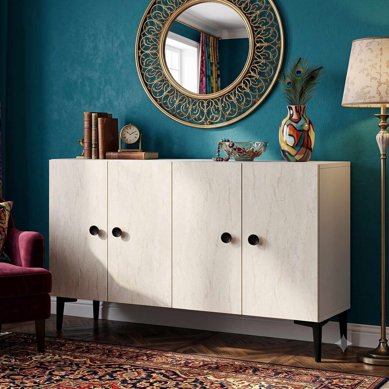 Consola, Hanah Home, Sherifa 120, 120x75x32 cm, Alb / Travertin