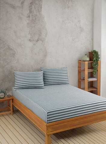 Set de pat dublu (cearceaf cu elastic si perne) 3 piese, Water Yollu Saten - Green, EnLora Home, 70% bumbac/30% poliester