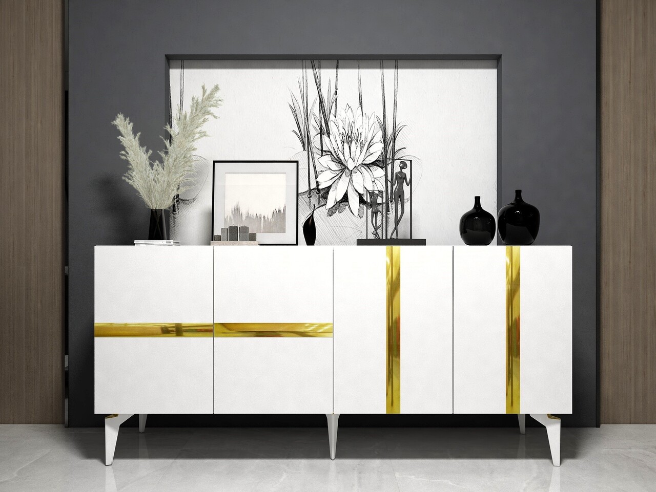 Consola, Olivia, Vania, 150x40x79 cm, PAL , Alb/Auriu