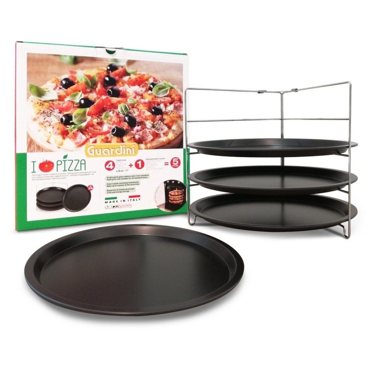 Set 4 Tavi Pentru Pizza + Suport, Guardini, 28 Cm Ø, Otel Hi-Top