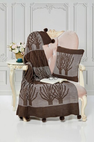 Set patura si perna Single Tricot 130x170 cm, 45x45 cm, Ponpon Tree - Mink, Evlen Home - Bedroom, Fibre acrilice