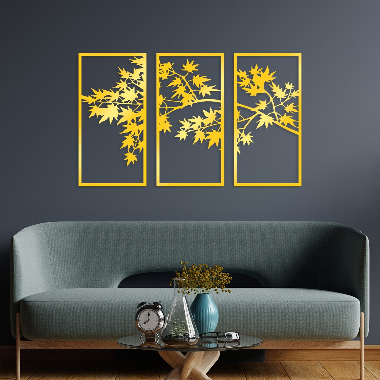 Decoratiune de perete, Golden Triple Tree 3, 34 x 67 cm, 3 piese, Auriu — imaginea 2