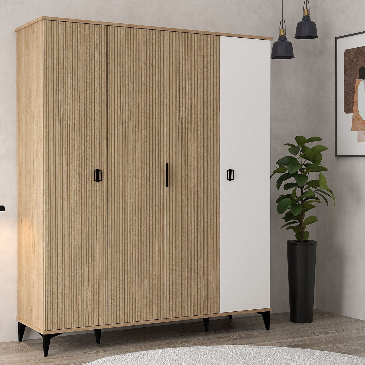 Dulap pentru haine, Hanah Home, Neva 6404, 164x200x52 cm, PAL, Stejar / Alb — imaginea 4