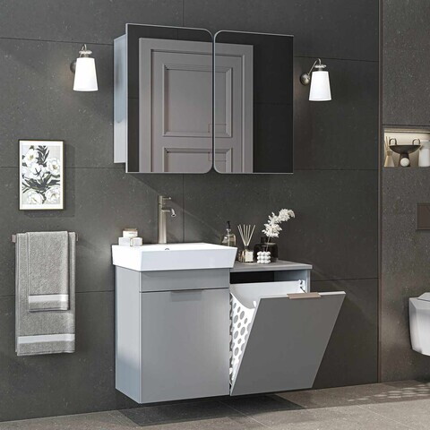 Set Dulap de Baie cu Chiuvetă și Oglindă (2 Piese), Hanah Home, Dubai Sepetli, PAL, Gri deschis