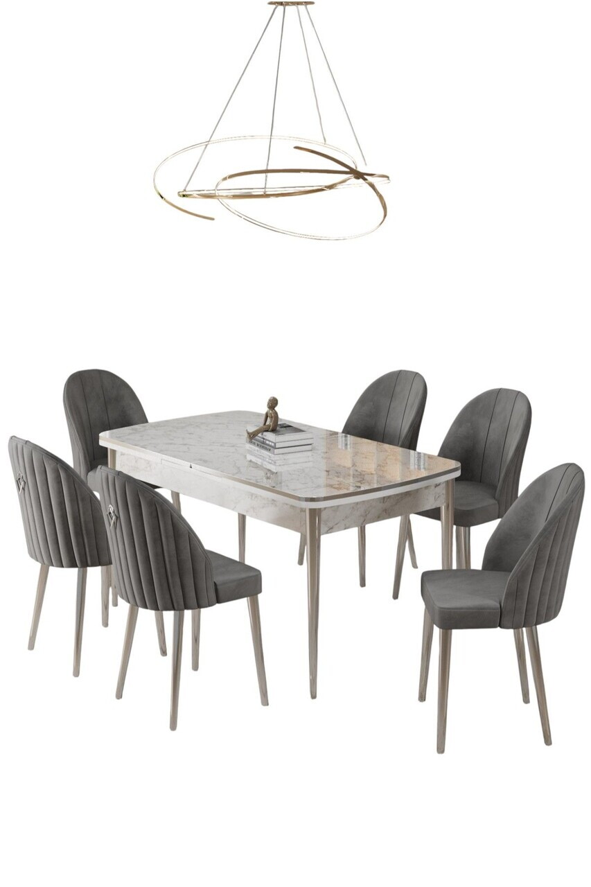 Set masa extensibila si scaune (7 piese), Hanah Home, Rada, Model de marmură albă / Crom / Gri — imaginea 2