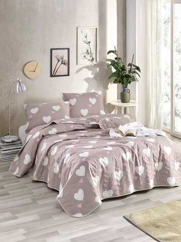 Set cuvertura de pat dubla 3 piese, Herz - Dusty Rose, Eponj Home, 65% bumbac/35% poliester