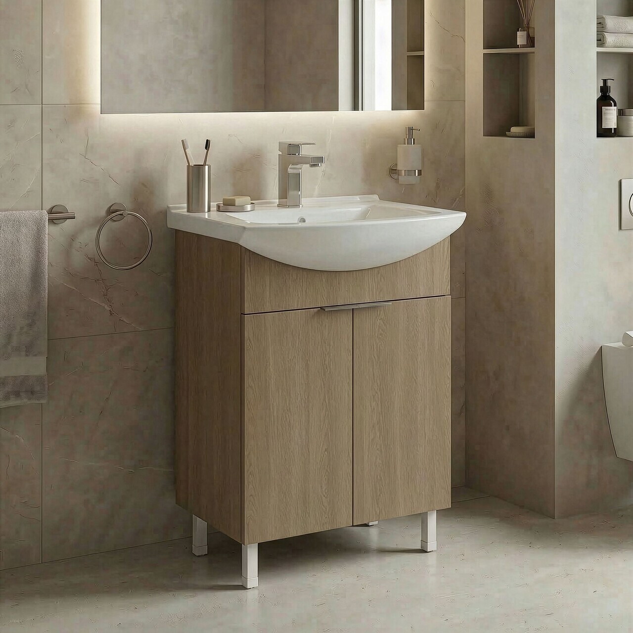 Dulap de baie cu chiuvetă, Hanah Home, Purus 55, Stejar Sonomo — imaginea 2