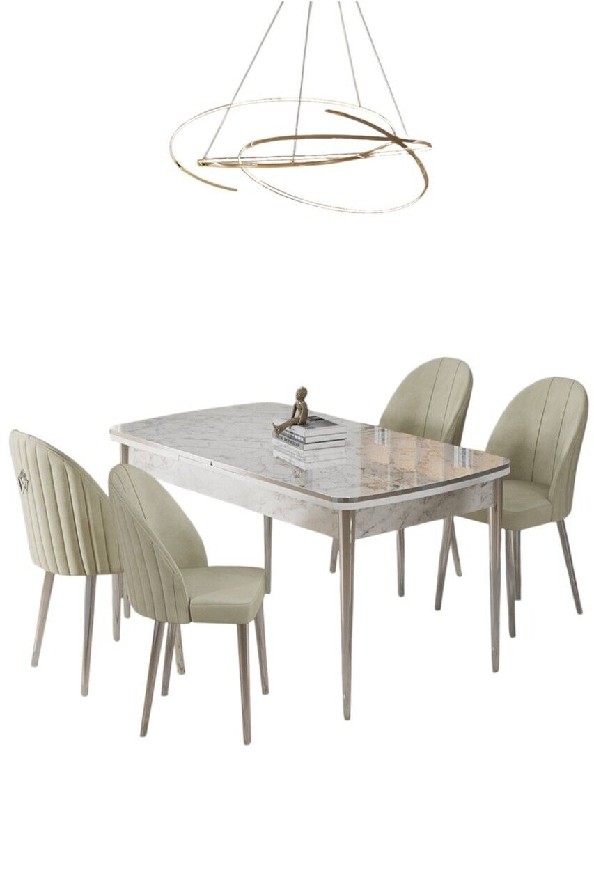 Set masa extensibila si scaune (5 piese), Hanah Home, Rada, Model de marmură albă / Crom / Crem — imaginea 2