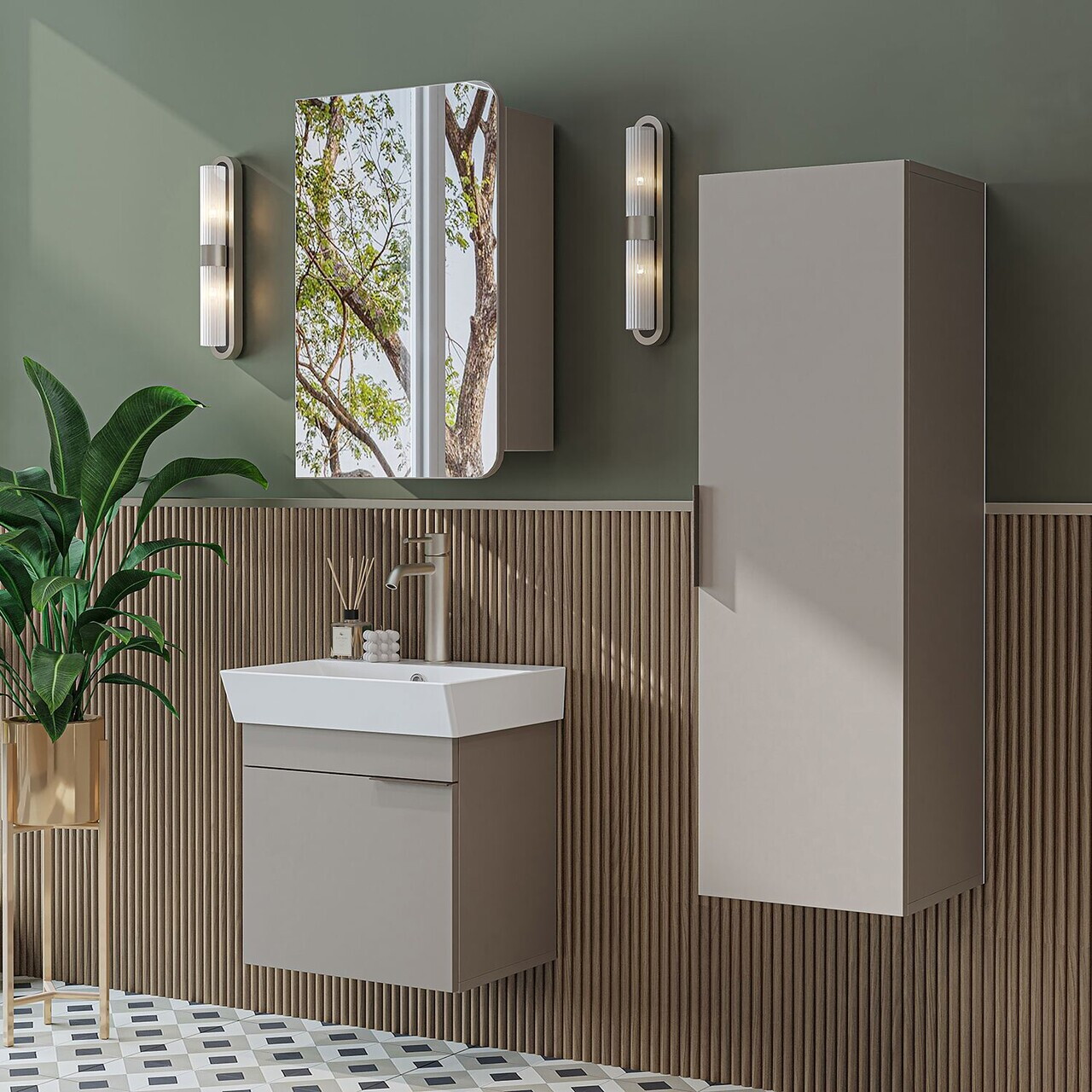 Set Dulap de Baie cu Chiuvetă și Oglindă (3 Piese), Hanah Home, 2939, PAL MELAMINAT, Gresie