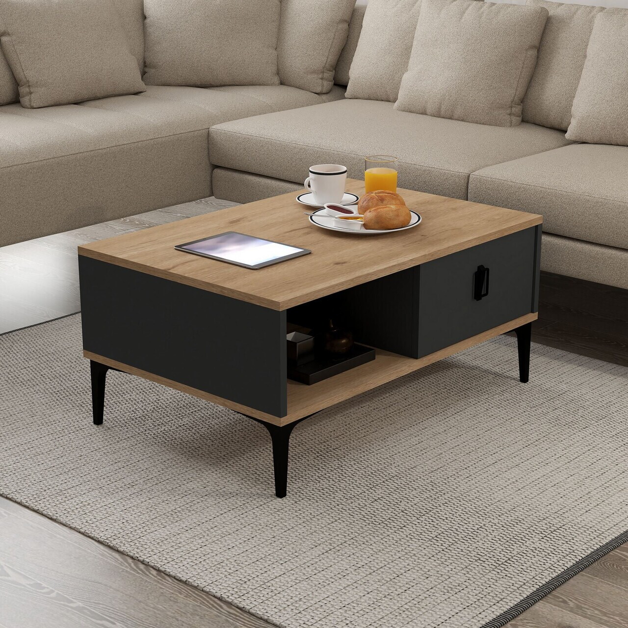 Masuta de cafea, Hanah Home, Sare 2003, 90x41.5x60 cm, PAL, Stejar safir / Antracit — imaginea 3