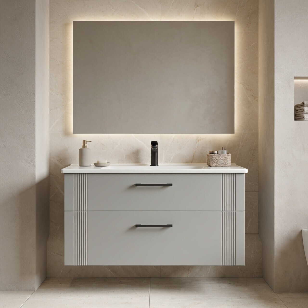 Dulap de baie cu chiuvetă, Hanah Home, Bari 100 v2, Cașmir mat