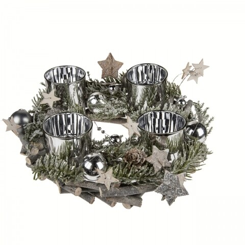 Coronita cu 4 suporturi pentru lumanari Branches, Out of the Blue, 9 x 23 cm, lemn/plastic/sticla, natur/argintiu