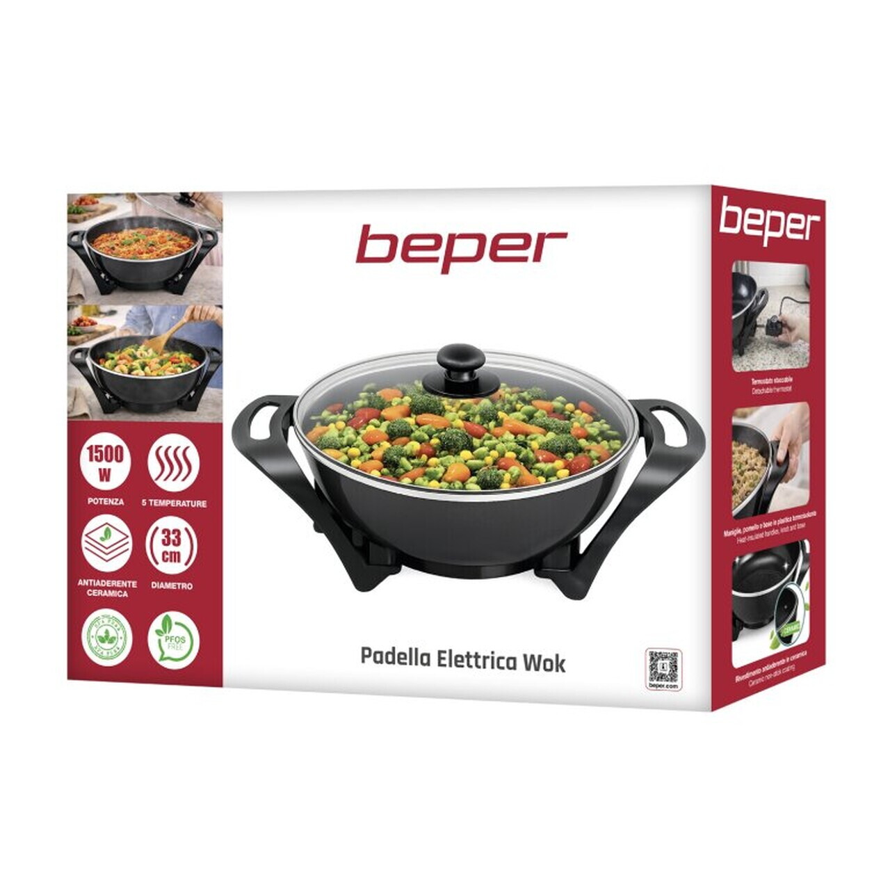 Tigaie electrica Wok, Beper, 1500W, 33 cm, ceramica, negru
