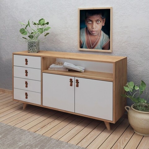 Consola, mod design, lavina, 140 x 86 x 40 cm, pal melaminat, stejar/alb