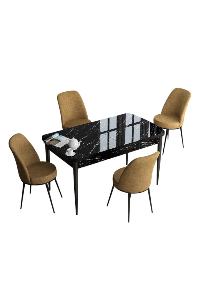 Set masa extensibila si scaune (5 piese), Hanah Home, Han, Model de marmură neagră / Cappuccino — imaginea 2
