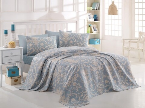 Cuvertura de pat dubla Super King Size, EnLora Home, Tuval Blue Cream, 220×260 cm, 100% bumbac, bleu/crem EnLora Home