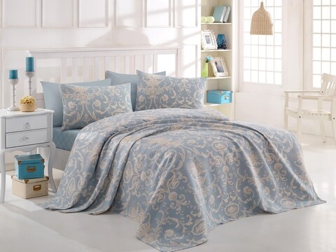 Cuvertura de pat dubla Super King Size, EnLora Home, Tuval Blue Cream, 220×260 cm, 100% bumbac, bleu/crem EnLora Home