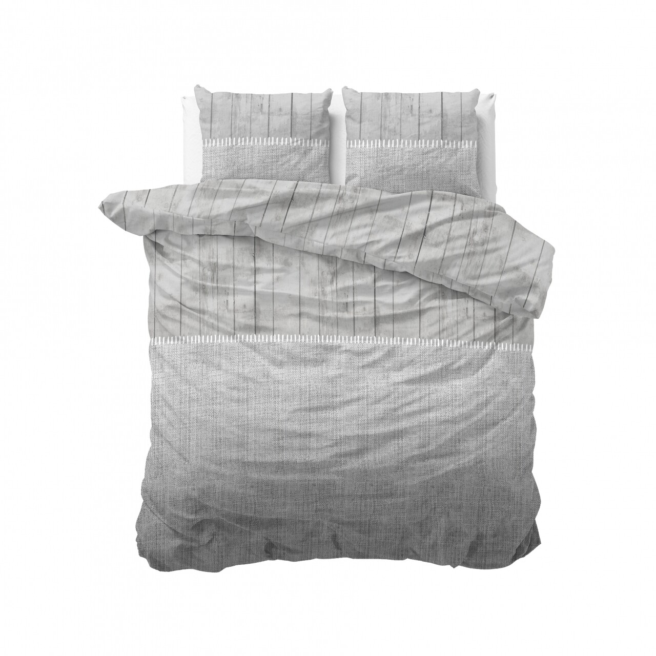 Lenjerie De Pat Dubla Wood Fabric Grey, Royal Textile, 3 Piese, 200 X 220 Cm, 100% Bumbac, Gri