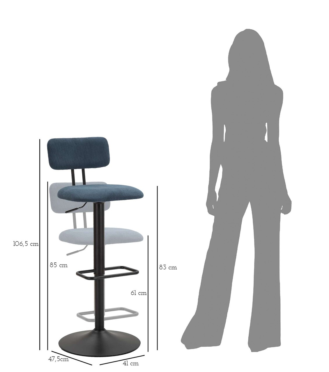 Set 2 scaune de bar Lift High Navy, Mauro Ferretti, 41x47.5x85 cm, inaltime ajustabila, fier/poliester, negru/albastru