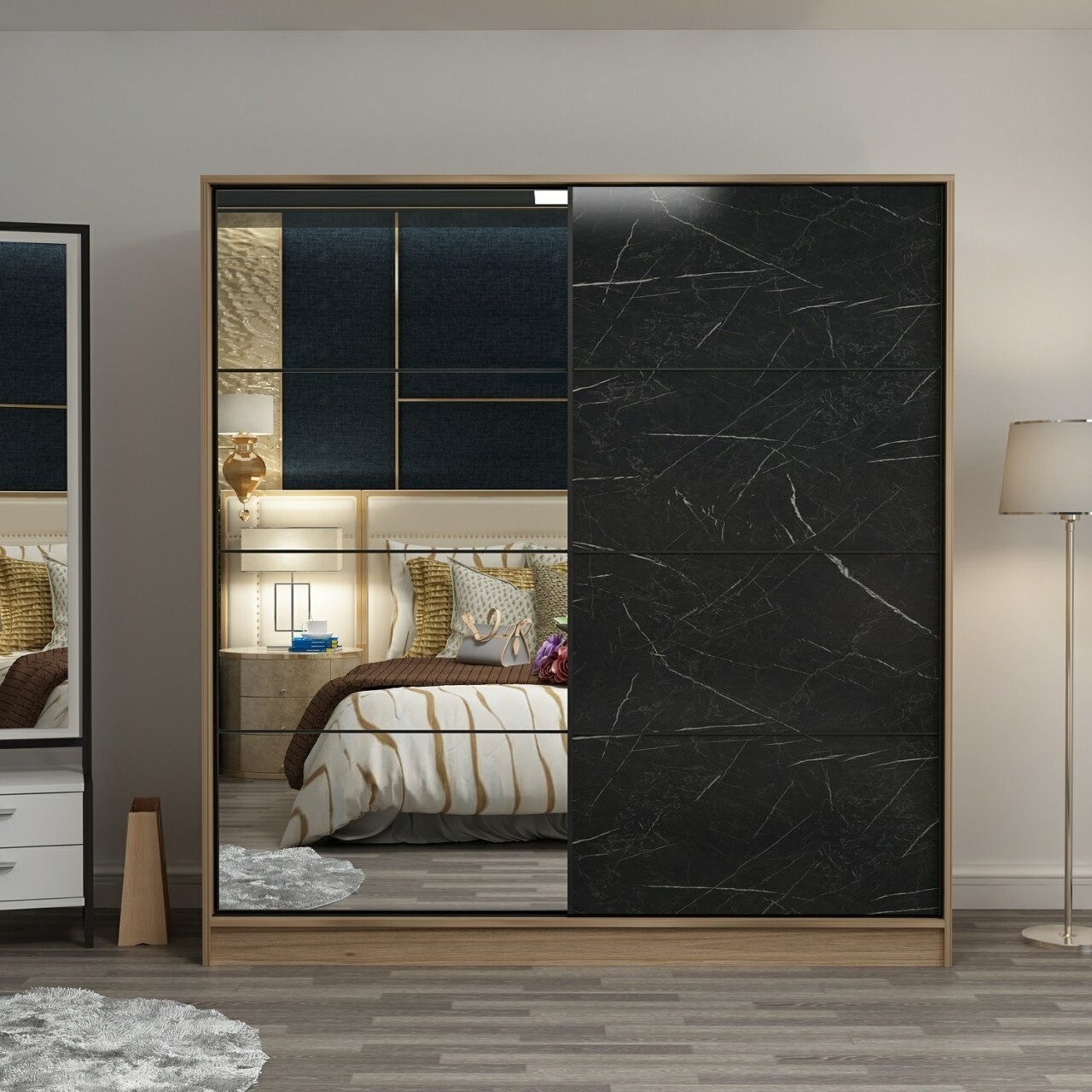 Dulap pentru haine, Minerva, Kale, 180x210x52 cm, PAL, Dore / Negru - 1 | YEO