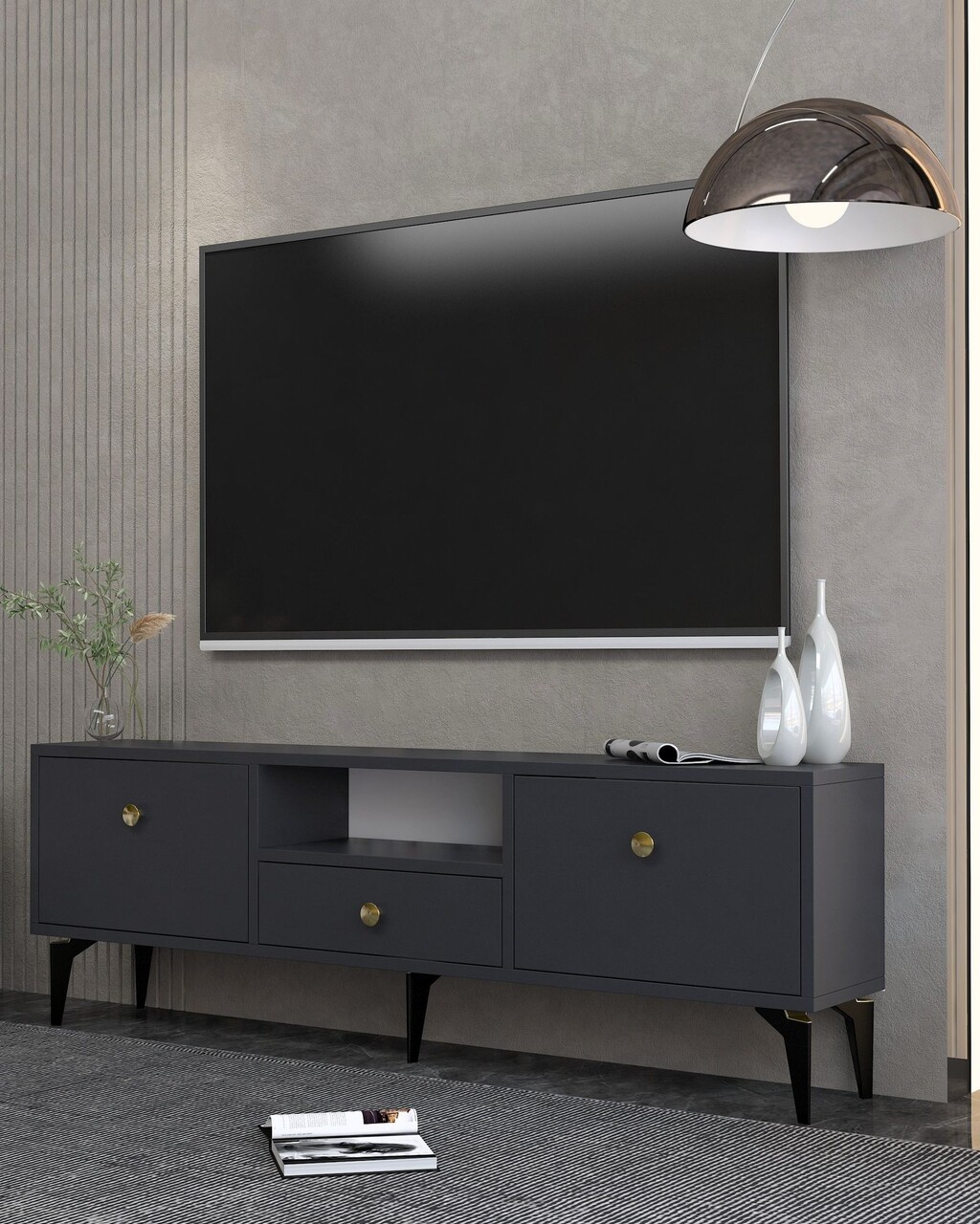 Comoda TV, Hanah Home, 1300-DROP-1, 140x49x30 cm, PAL , Antracit / Aur - view 2