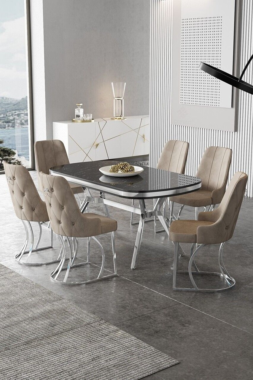 Set masa si scaune (7 piese), Hanah Home, Epal, Sonata / Crom / Cappuccino
