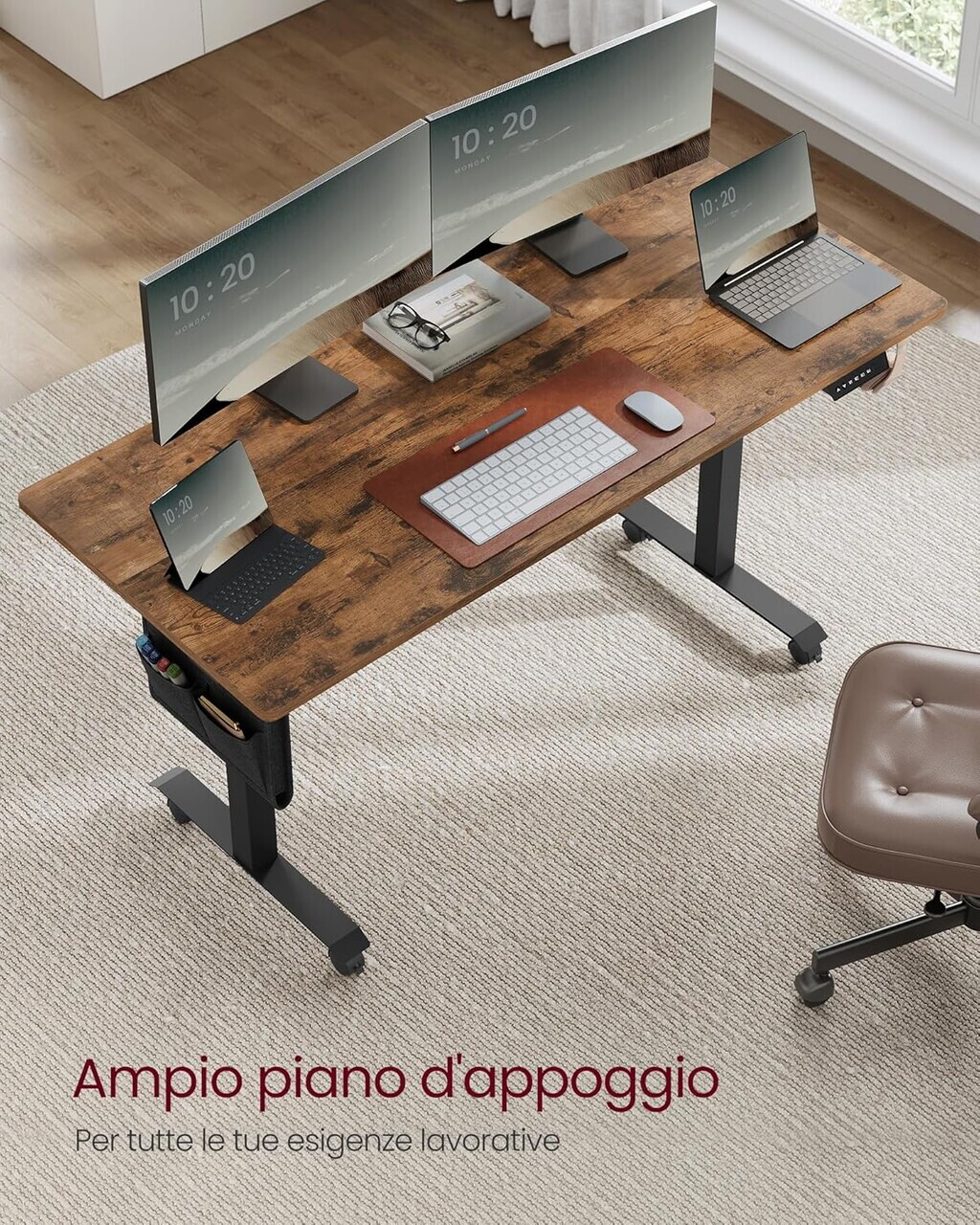 Birou electric reglabil pe inaltime, Vasagle, 140x60x72-120 cm, tesatura Oxford/PAL/otel, maro - imagine 2