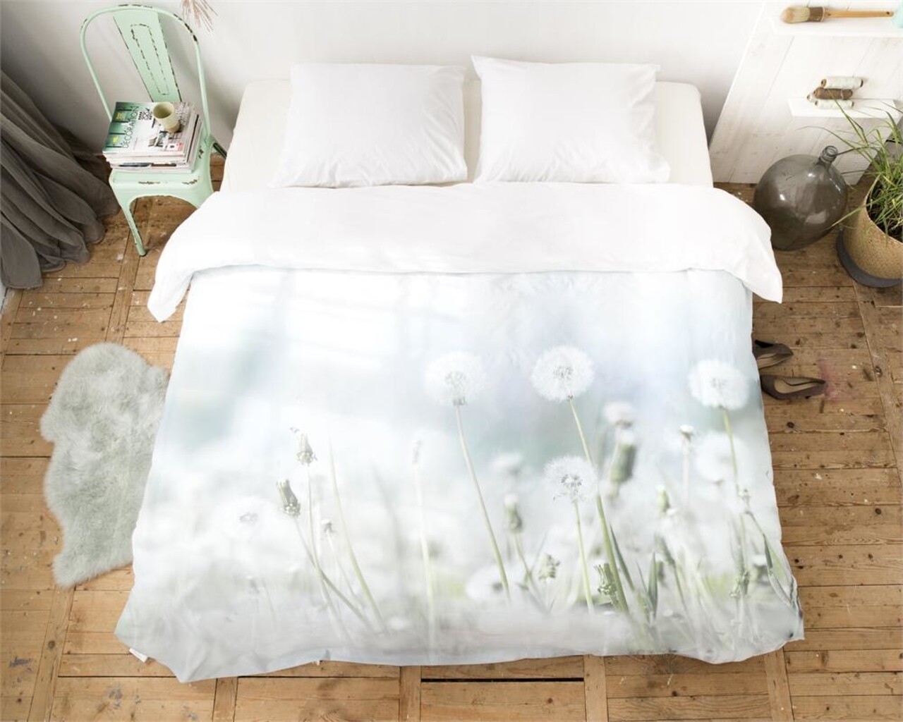 Lenjerie De Pat Dubla Summer Morning Meadow Green, Scent Of Nature,  3 Piese, 240x200/260 Cm, Bumbac Organic, Multicolora