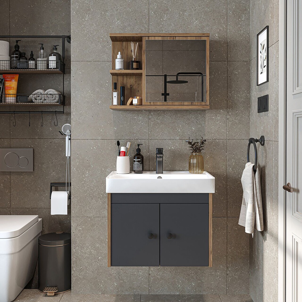 Set Dulap de Baie cu Chiuvetă și Oglindă (2 Piese), Hanah Home, 2865, PAL MELAMINAT, Pin Atlantic / Antracit — imaginea 2