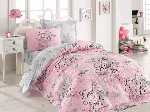 Lenjerie de pat matlasata pentru o persoana Young, 3 piese, 100% bumbac ranforce, Cotton Box, Feeling Pink